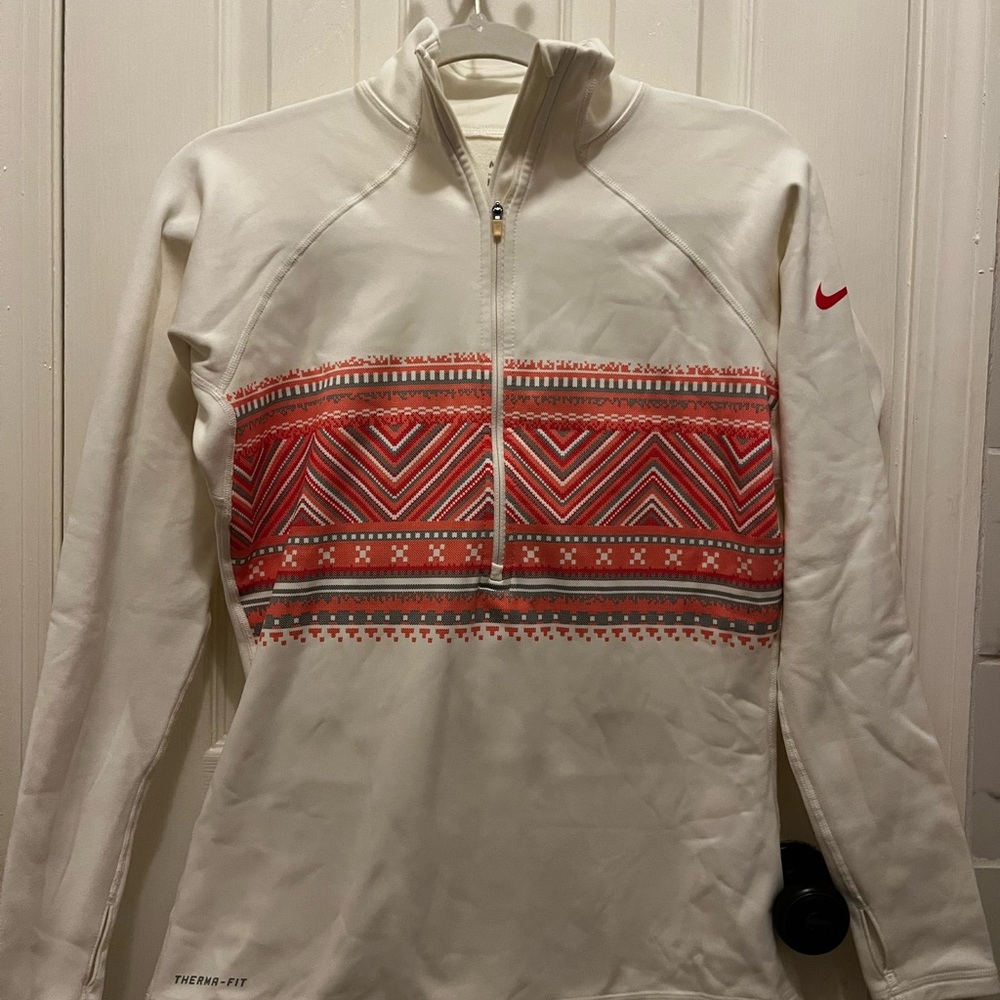 Nike Women’s Cream Half-Zip Thermal Sweater with Red Patterned Chest